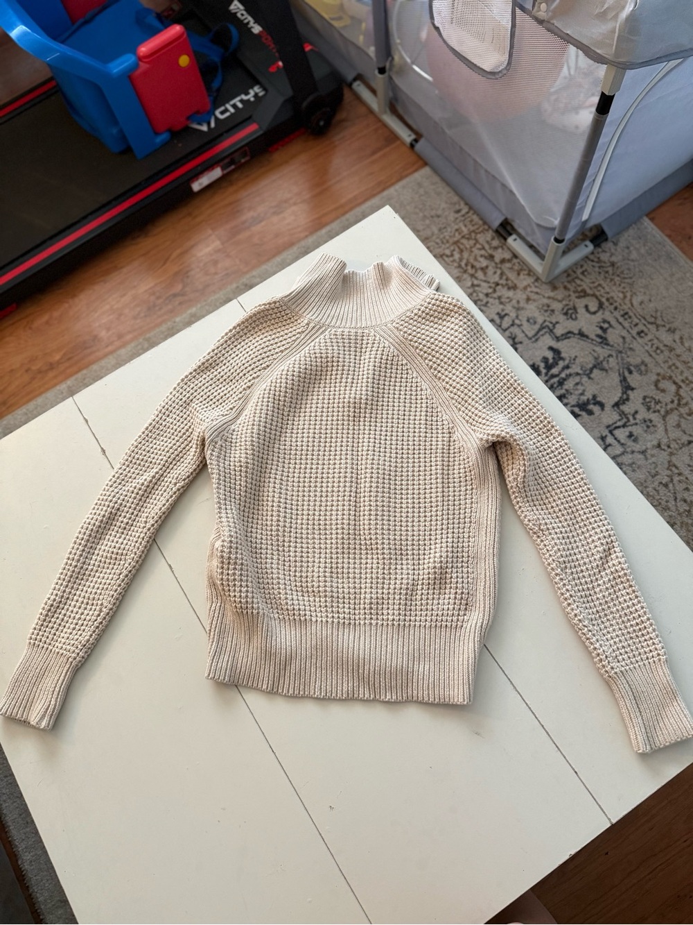 Roots Cream Beige Ribbed Waffle Knit 1/4 Zip Pullover Sweater Heritage Cabin XS - Picture 7 of 7